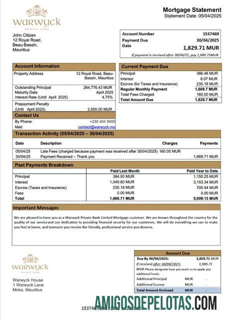 realista Modelo Word e PDF de declaração de hipoteca limitada do Mauritius Warwyck Private Bank